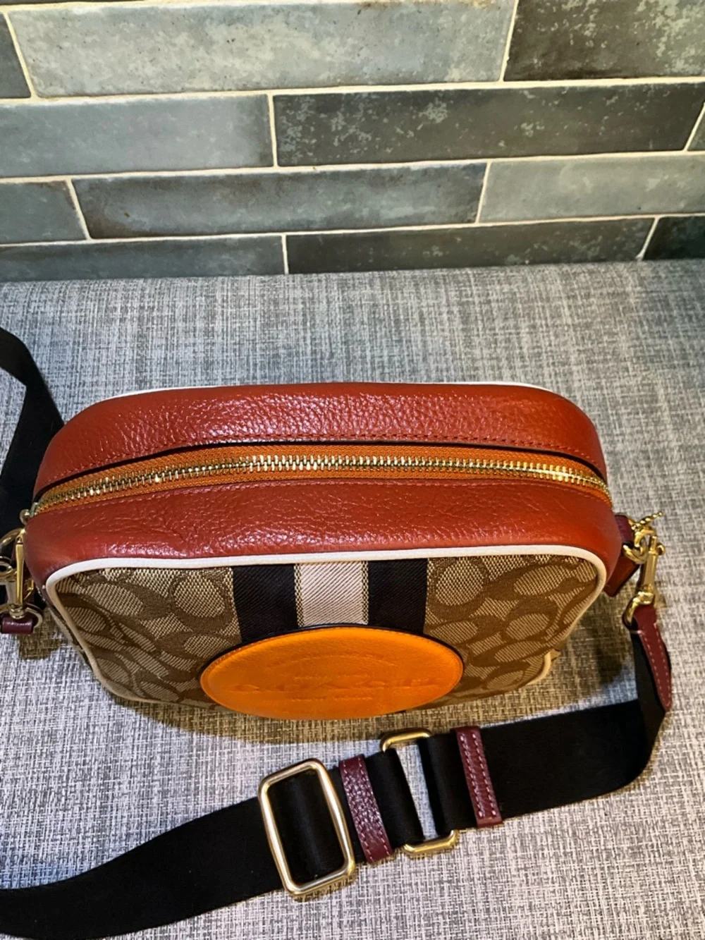 Coach Dempsey Camera Bag In Signature Jacquard w/Orange Coach Patch